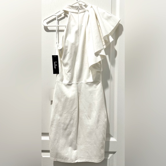 Lulu’s Chic Goals White High Neck One-Shoulder Flutter Sleeve Skater Dress - Picture 2 of 8